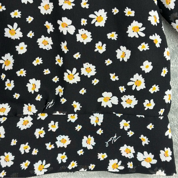 Karl Lagerfeld Black Floral Blouson Top Women Large Split V-Neck 3/4 Puff Sleeve - Picture 6 of 16